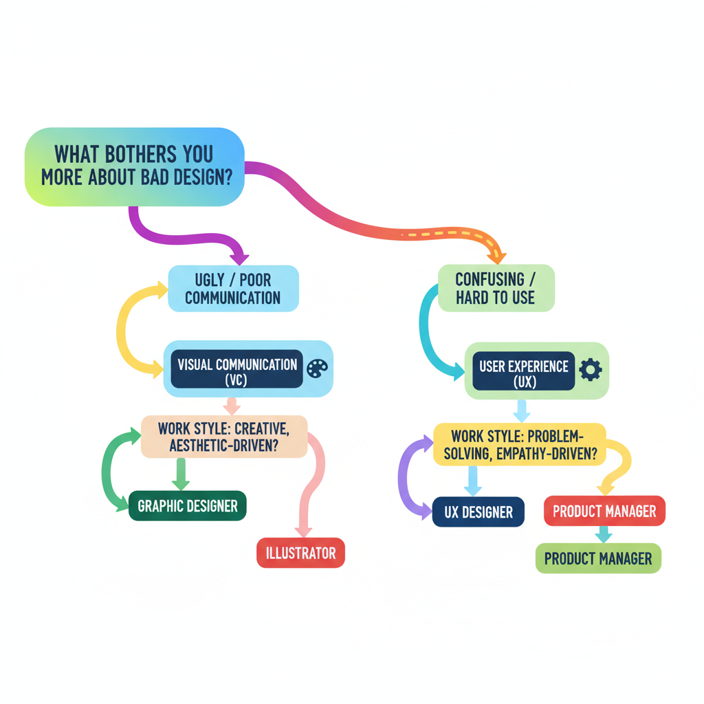 Career decision flowchart for choosing between Visual Communication and UI/UX masters based on design preferences, work style, and problem-solving approach