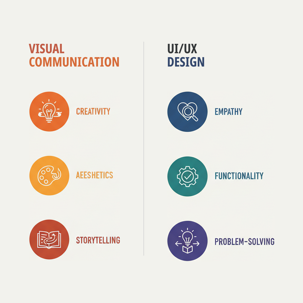 Visual Communication vs UI/UX values comparison infographic: VC focuses on creativity, aesthetics, storytelling while UI/UX emphasizes empathy, functionality, problem-solving