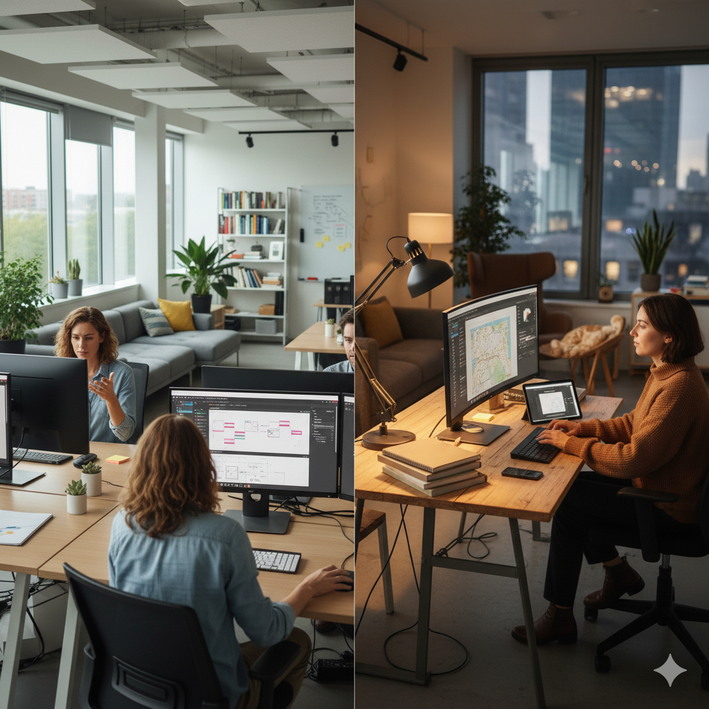 Comparison between a UI/UX Design Agency and a freelance where on the left there is an agency environment with computers and designers on an office set and on the right a solo designer working at home in a home office