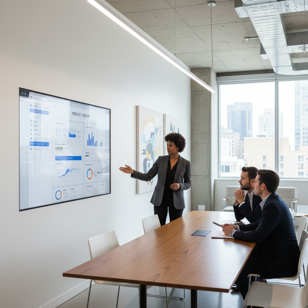 Professional woman presenting UI/UX design metrics and analytics on a large wall-mounted display to two men seated at a conference table in a modern UI/UX Design Agency office with floor-to-ceiling windows and urban city view