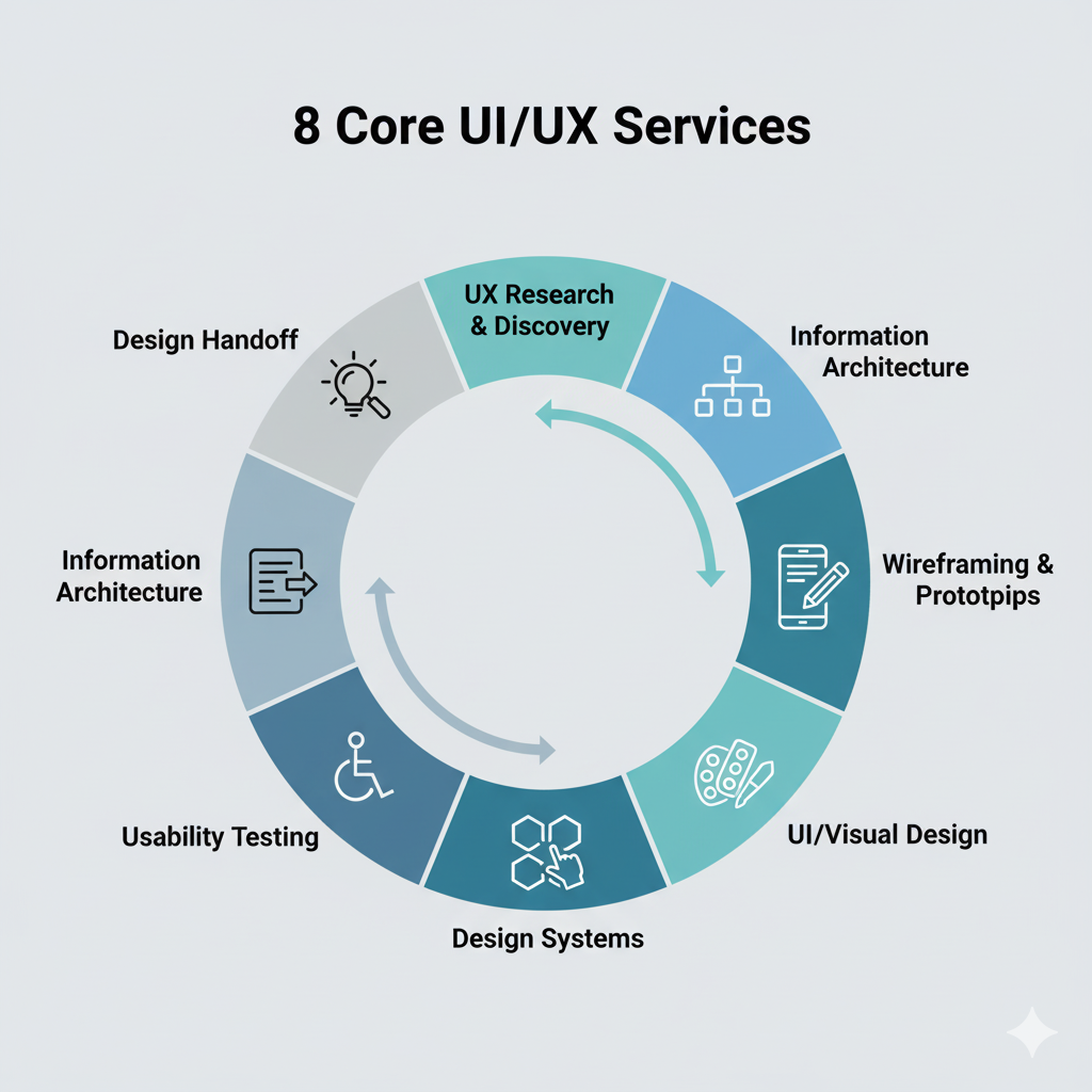 Circular infographic showing 8 core UI/UX services including research, wireframing, visual design, and testing
