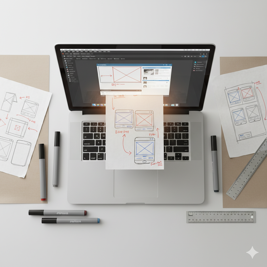 Image made with AI: Top-down view of a desk with hand-drawn wireframe sketches on paper, markers, and rulers on each side. In the center, an open MacBook displays Figma with the same wireframe in digital form. One sheet of paper appears to merge into the laptop screen, as if being transformed into a digital interface, with a beam of light marking the transition. Clean, organized flat lay style with soft shadows and visible paper texture.