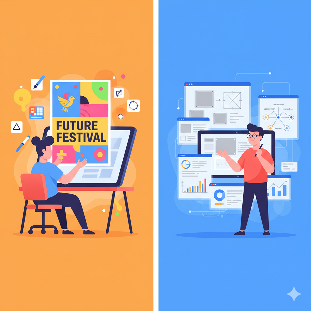 Visual Communication vs UI/UX Masters comparison: split illustration showing visual designer creating brand materials and UX designer analyzing user data and wireframes (AI Generated)