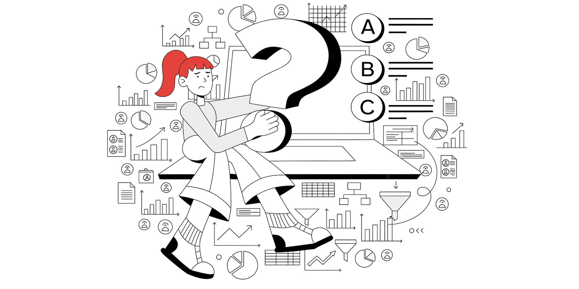 A wide (16:9 aspect ratio) black and white line art illustration of a woman with a red ponytail looking thoughtful or overwhelmed. She is holding a large question mark and is sitting near a laptop screen displaying options A, B, and C. The entire background is filled with floating data visualizations, bar charts, pie charts, funnel diagrams, and user icons, representing the challenge of data analysis and making a decision.