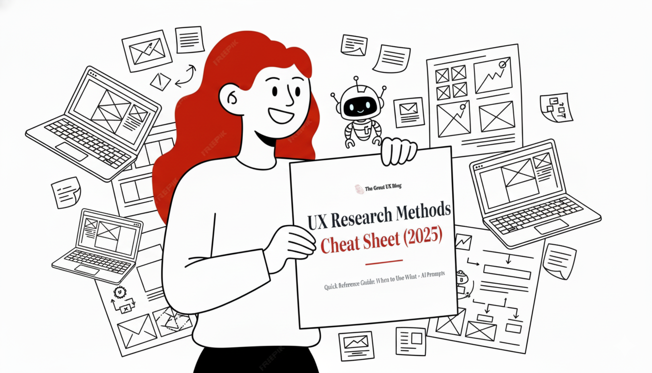 A black and white line art illustration of a happy female designer with red hair and multiple, tangled arms. Two of her hands proudly hold a book cover, while various floating elements like a laptop, sticky notes, and an AI robot surround her, representing a successful creative process.